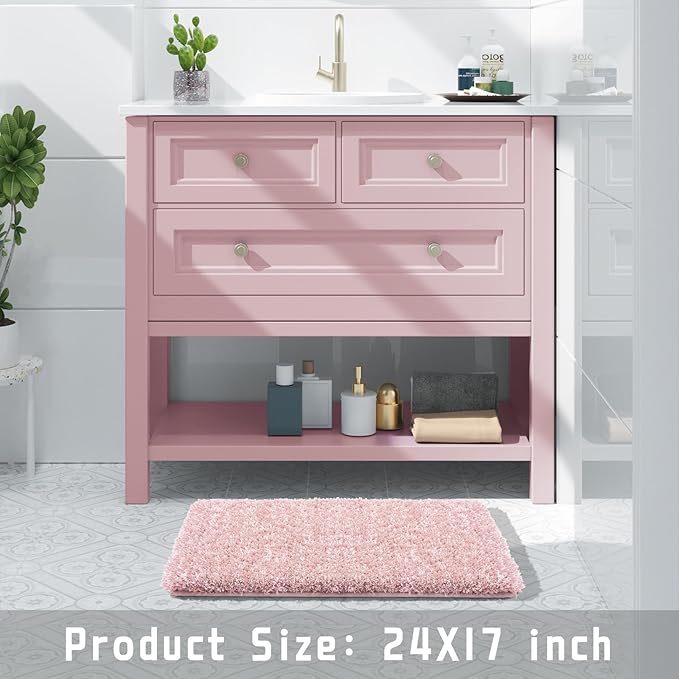 Yimobra Light Pink and White Bathroom Rugs Non Slip Washable, Ultra Soft and Water Absorbent Bath Mats, Plush Fluffy Shower Mat Outside, Microfiber Thick Matts for Bathroom Floor/Sink, 24x17