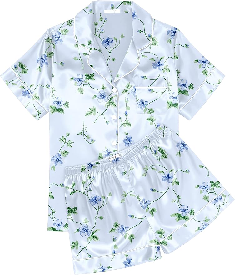 Ekouaer Womens Silk Satin Pajama Sets Soft Short Sleeve Button Down Sleepwear Top and Shorts 2 Piece Pjs Lounge Set