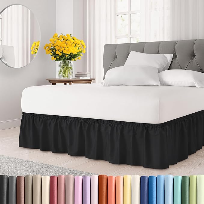Wrap Around Dust Ruffle Bed Skirt - Black - for Queen Size Beds with 15 Inch Drop - Easy Fit Elastic Strap - Adjustable Pleated Bedskirt w/Brushed Fabric - Wrinkle Free - for Women, Men, Kids & Teens
