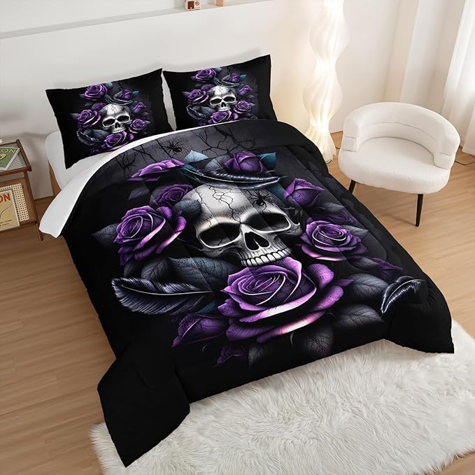 Death Skull Heads Full Size Comforter Sets,Horror Themed Gothic Bedding for Kids Teens Boys Room Decor,Mysterious Floral Spider Western Comforter Sets with 2 Pillowcases.