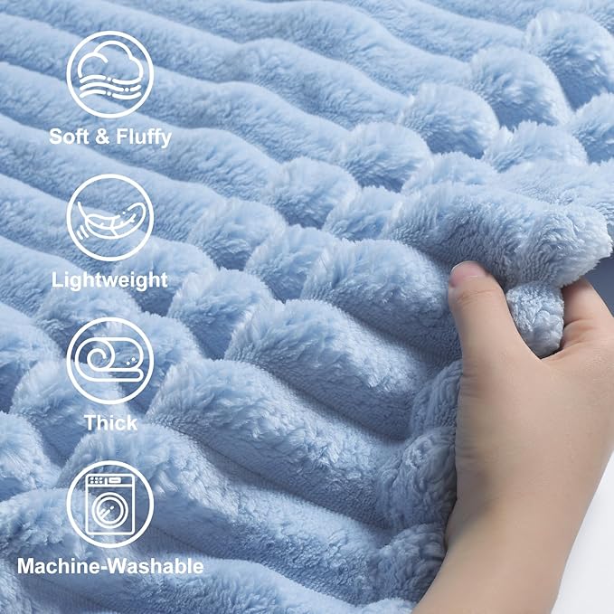 decorUhome Christmas Soft Fleece Blue Grey Twin Blanket for Bed, Cozy Fluffy Plush Flannel Striped Throws for Couch Sofa, Lightweight Decorative Ribbed Fuzzy Blanket for Woman, 60x80 Inches