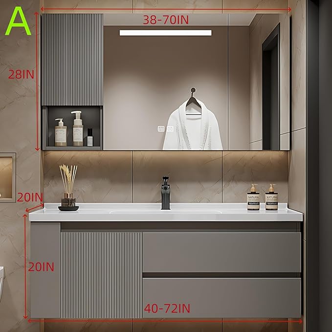48IN Suspended Bathroom Cabinet Combo Set - Fully Functional LED Mirror with Smart Defogging & Time Display | Bathroom Vanity with Sink,Side Cabinet Storage Compartment (Style A)