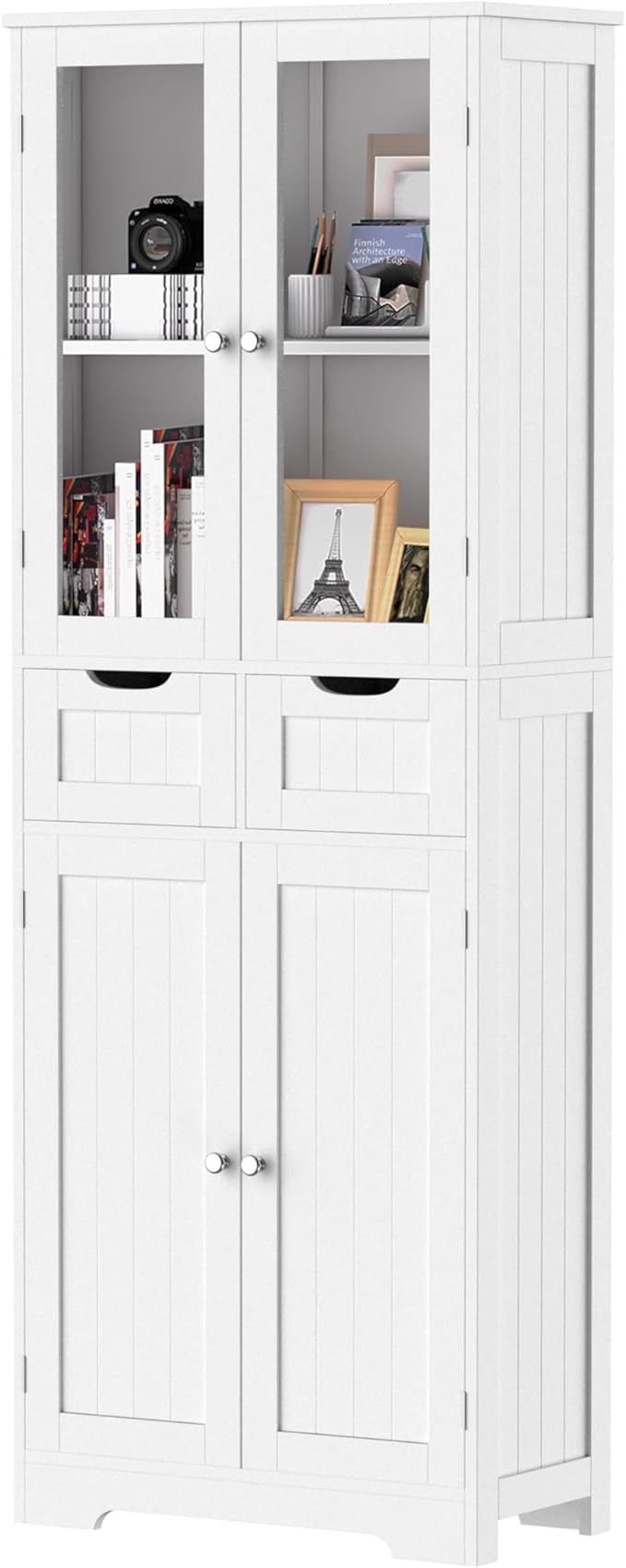 67" Tall White Bathroom Cabinet Storage Cabinet, Freestanding Storage Cabinet with Glass Door and Adjustable Shelves, Bathroom Cabinet for Living Room, Kitchen, Dining, White