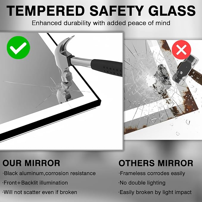 40x32 Bathroom LED Mirror, Black Aluminum Edge Lighted Mirror, 3 Colors Stepless Dimmable Vanity Mirror, Skincare, Anti-Fog, Shatter-Proof, ETL Listed, Memory Smart Mirror(Horizontal/Vertical)