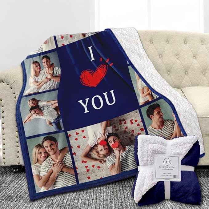 Custom Sherpa Fleece Blanket with Photos Text - Soft, Warm & Fuzzy Personalized Couples Gifts for Boyfriend, Girlfriend - Customized Picture Blanket for Birthday, Anniversary, Christmas