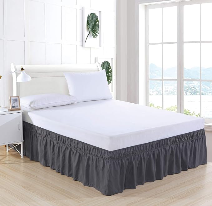 MEILA Wrap Around Bed Skirt Three Fabric Sides Elastic Dust Ruffled 14 Inch Tailored Drop,Easy to Install Fade Resistant-Dark Grey, Queen/King