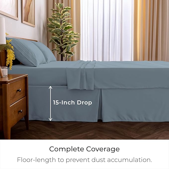 Mellanni Bed Skirt Cal King Size- Bed Skirting - 15-Inch Tailored Drop Pleated Dust Ruffle - Hotel Luxury Bedding - Wrinkle, Fade, Stain Resistant - 1 Bedskirt (Cal King, Blue Hydrangea)