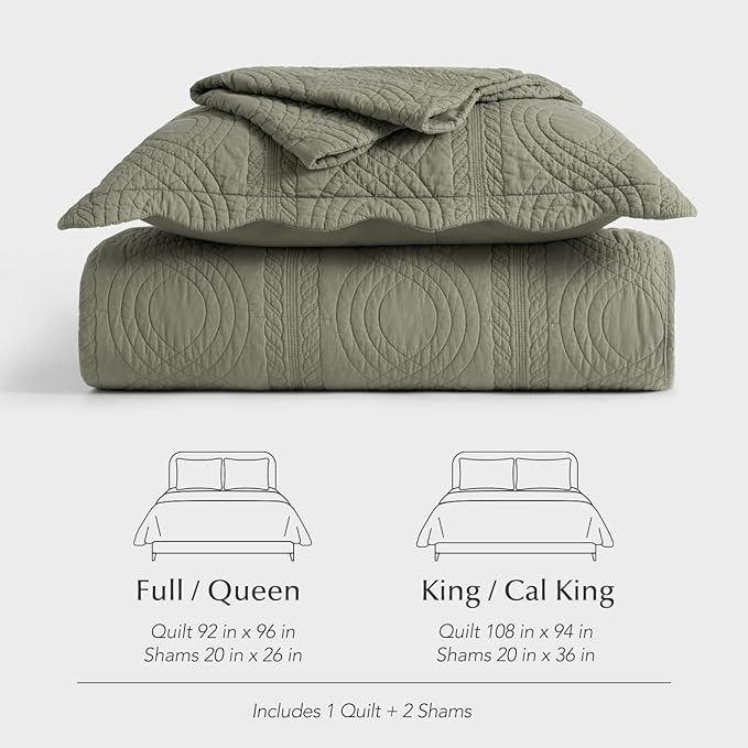 EVERGRACEHOME 100% Cotton Scallop Quilt Set, Queen Size 3 Piece Set – Lightweight Bedspread with 2 Shams, Soft Prewashed Matelasse Coverlet for Cozy and Elegant Bedding, Olive Green