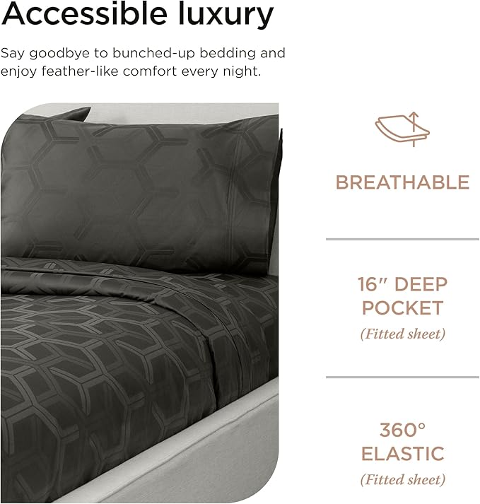 Threadmill 100% Cotton Sheets for Queen Size Bed - 600 Thread Count Queen Bed Sheets Set with 16” Deep Pocket - Jacquard Sateen Weave 4-Piece Bedding Set with Cooling Effect, Dark Grey