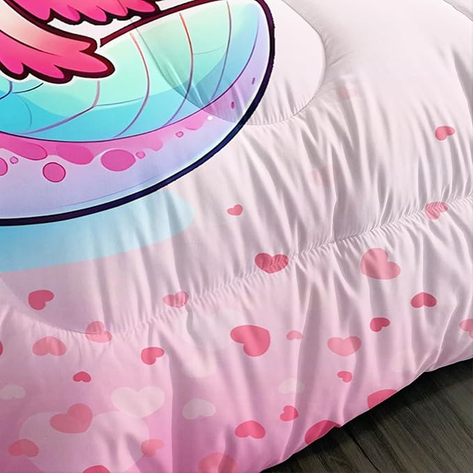 Cartoon Axolotl Comforter Kids Bedding Set,Cute Axolotl Flower Butterfly Bedding Queen Size for Toddler Girls Room Kawaii Decor,Pink Series Kids Comforter Sets with 2 Pillowcases.