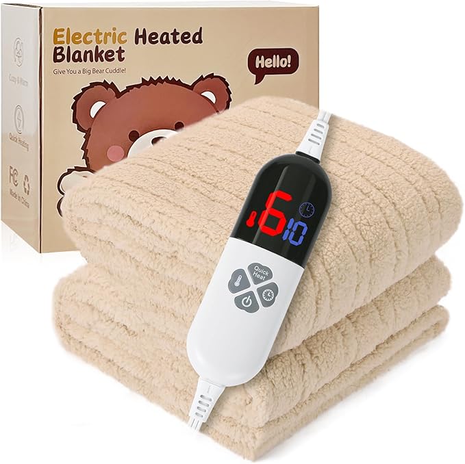 Heated Blanket Full Size 72"X84" Beige - Soft Double Sided Sherpa Electric Blanket Full Size with LED Display, 6 Heating Levels & 10 hrs Timer, Machine Washable & Fast Heating, Gift for Women