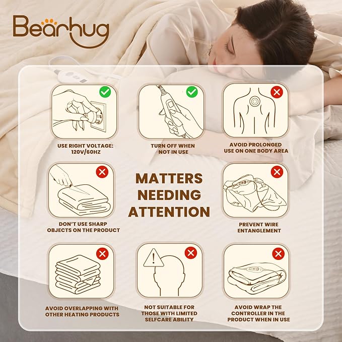 Bearhug Electric Throw Blanket 50" x 60", Reversible Velvet & Sherpa Heated Throw Beige, 6 Heating Levels & 4H Auto Off, Over-Heat Protect, ETL Certification, Machine Washable