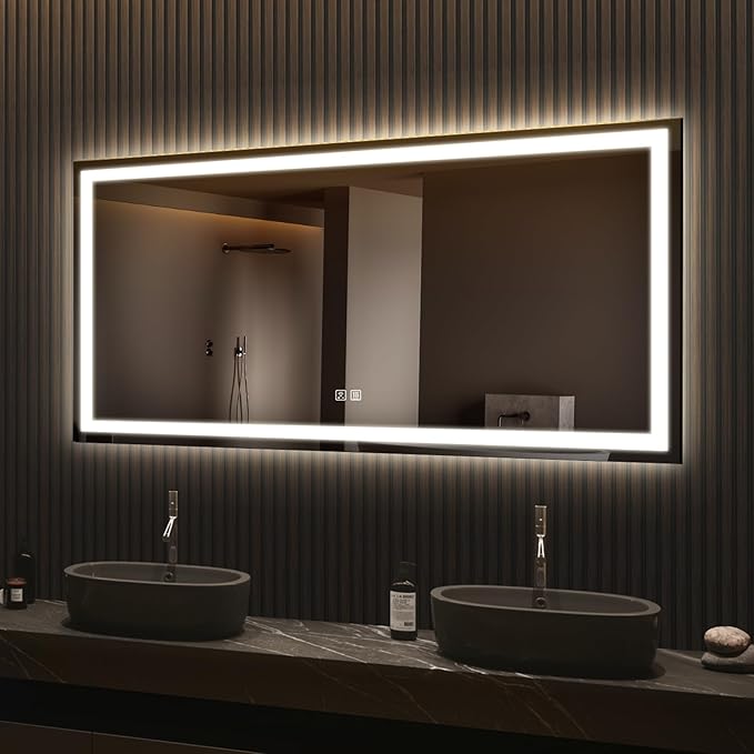 APRILSOUL 60x48 Inch LED Bathroom Mirror with Front and Backlit, Makeup Mirror with 3 Color Lights, Memory Function, Anti-Fog and Dimmable Light (Horizontal)