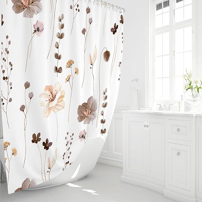 Gibelle Small Stall Shower Curtain 36 x 72, Narrow Half Watercolor Floral Fabric Shower Curtain, Brown Beige Flower Decorative Bathroom Shower Curtain Set with Hooks