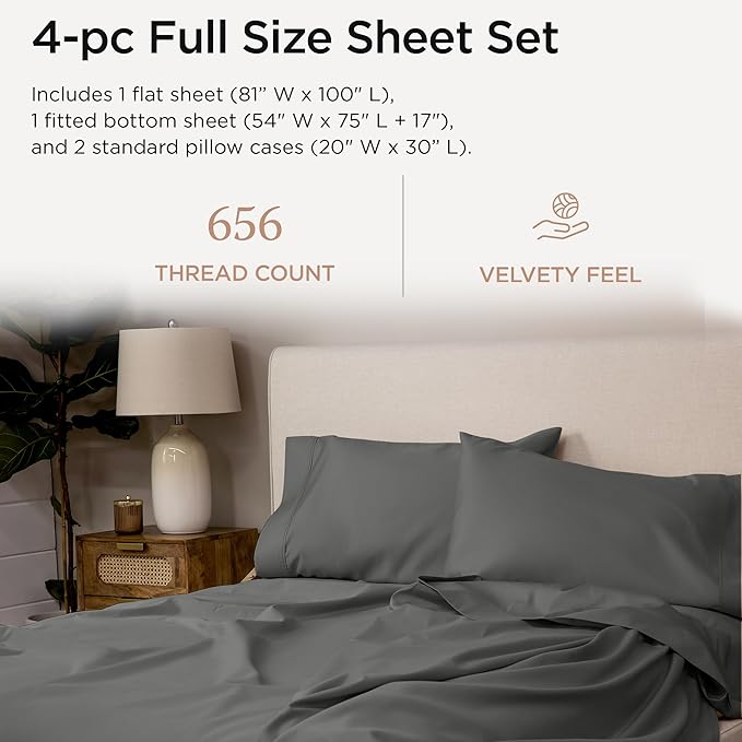 Threadmill Luxury Full Size Sheets | 656 Thread Count Certified Supima Cotton Sheets for Full Size Mattress | 5-Star Hotel Quality 4 Piece Bed Sheets with Extra Deep Pocket |Dark Grey Sheet
