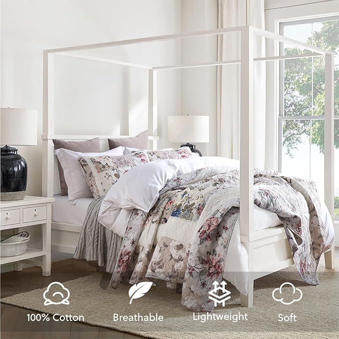Cotton Bedspread Quilt Bedding Sets 3 Pieces Reversible Coverlet Sets Comforters Vintage Floral Patchwork White Bedspread, Queen Size