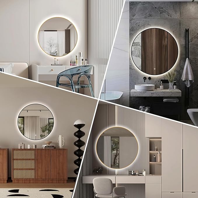 Niccy 36" LED Backlit Round Mirror for Bathroom, Gold Framed Vanity Light Wall Mirror LED Smart Circle Mirrors with 3 Lighting Colors, Dimmable Lighted Mirror with Anti-Fog, IP65 Waterproof
