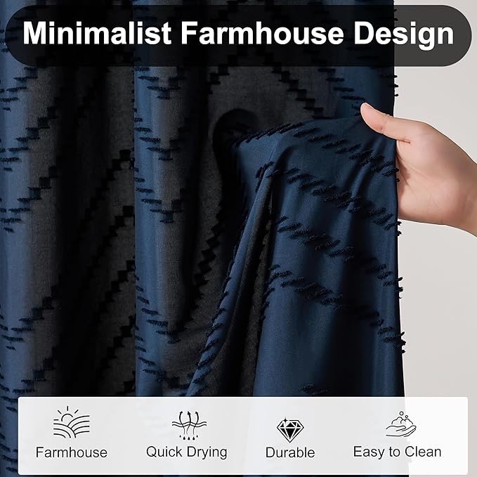 Navy Blue Shower Curtain Fabric Boho Shower Curtain Cloth Textured Tufted Chevron Elegant Shower Curtains Waterproof for Bathroom 72 x 72