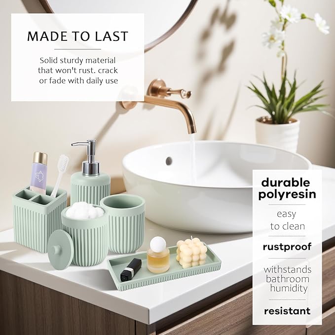 8-Piece Light Green Bathroom Set - Resin Bathroom Accessories Sets Complete with Shower Curtain and Rugs, Soap Dispenser, Toothbrush Holder, Tumbler & Vanity Organizer
