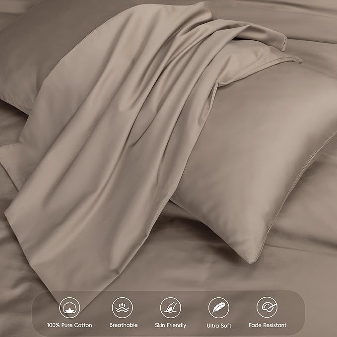 MooMee Duvet Cover Set 100% Extra Long Staple Cotton 600 Thread Count Silky Sateen Smooth Luxury Soft Breathable Durable Hotel Quality Bedding, 3 Pieces (Tannish Gray, Queen 90"x90")