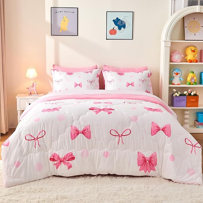 Wajade 7 Piece Pink Bow Bedding Set for Girls Kids Full Size Comforter Set with Sheet and 2 Pillowcases 2 Pillow Shams Cute Girls Bed in a Bag as Birthday Choice