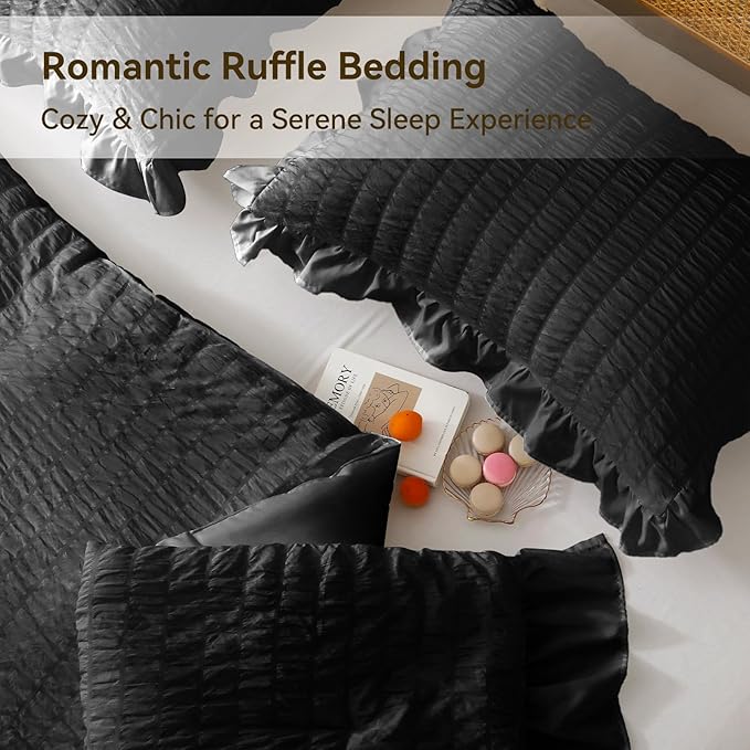 JOLLYVOGUE Black Queen Comforter Set, 3 Pieces Seersucker Comforters Queen Size, Lightweight & Fluffy Bedding Sets Queen for All Season with 1 Ruffle Comforter and 2 Ruffle Pillowshams