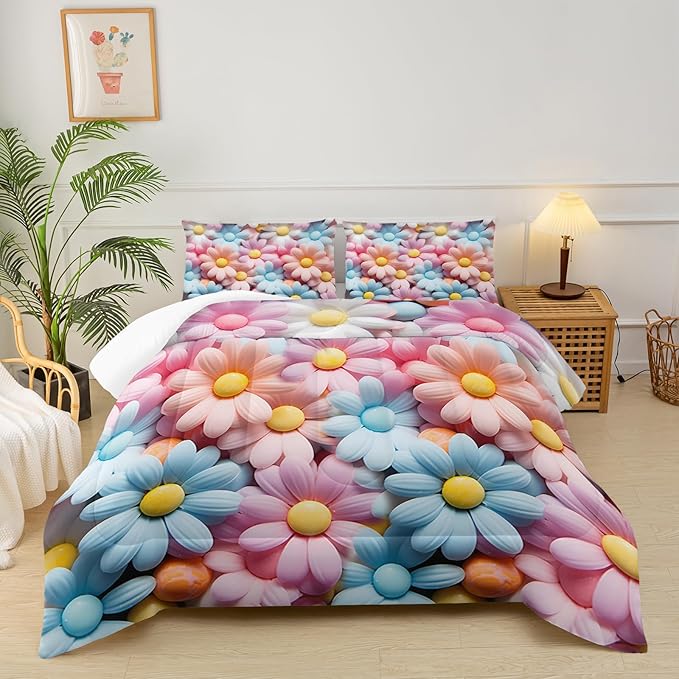 Pink Floral Queen Comforter Set Kids，Pink Floral Bedding Set Kids Queen，Girls Floral Quilt Bedding Queen，Flower Bedroom Decor for Girls with 1 Comforter with 2 Pillow Case