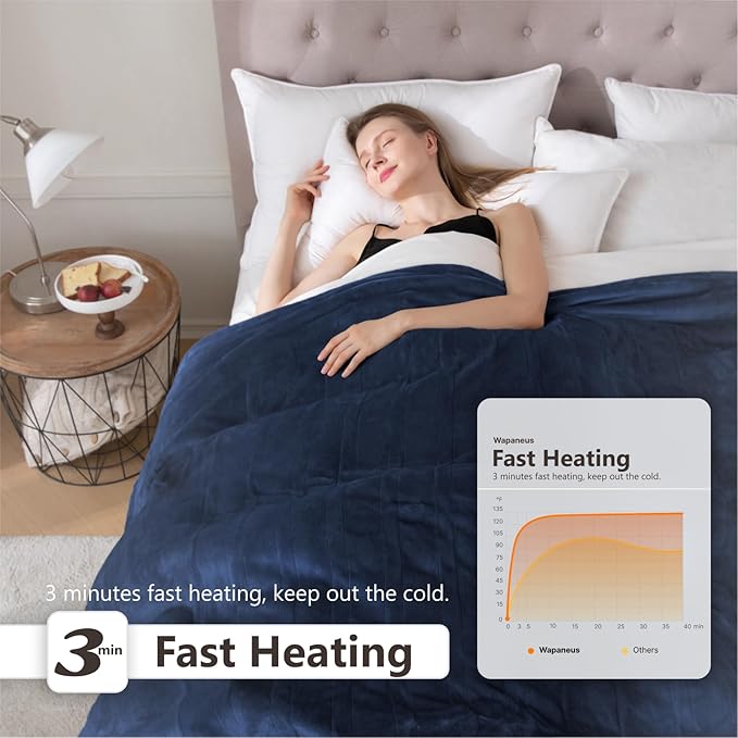 Wapaneus Heated Blanket Electric King Size 90"x100"-Dual Control with 10 Heat Levels 12 Timer Settings and 8 Hours Auto-Shut Off,Fast-Heating Electric Blanket,ETL Listed Machine Washable,Dark Blue