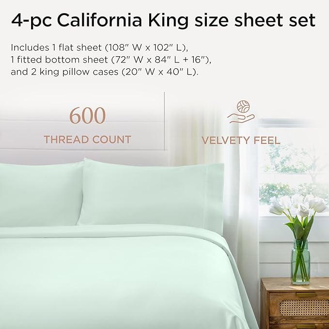 Threadmill California King Sheet Sets | 600 Thread Count Cal King Bed Sheets Set with 16” Deep Pocket | Sateen Weave 4-Piece Bedding Set with Cooling Effect | Seaglass