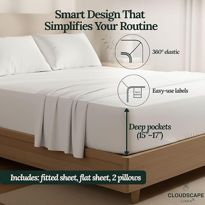 Cloud Scape Linen Engineered Dual-Ply Egyptian Cotton Queen Size Sheet Set – Long-Staple Sateen Weave, 4-Piece Soft Hotel Quality Bedding Set,Deep Pockets Up to 17”, White