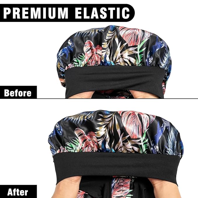 2Pcs Bonnets for Black Women Braid Bonnet, Large Long Satin Bonnet for Braids, Silk Bonnet with Stretchy Tie Band Sleep Cap Hair (2Pcs-Black&Black Pattern)