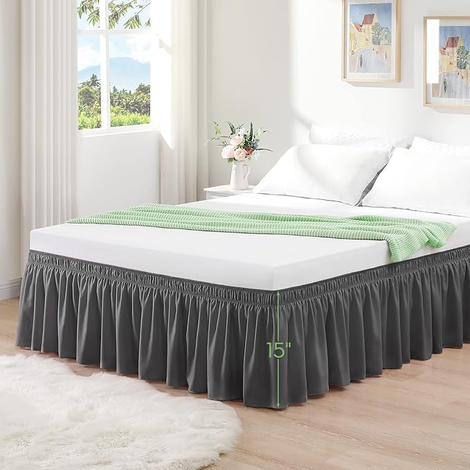 RIMELA King Grey Bed Skirt Wrap Around Elastic Dust Ruffles Solid Color Wrinkle and Fade Resistant with Elastic Belt Easy to Install Dark Gray for King & California King Size 15 Inch Drop