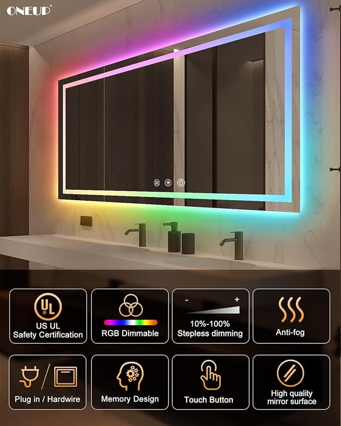 oneup 60x40 Inch LED Bathroom Mirror,RGB Color Changing Bathroom Mirror with Lights,Anti-Fog Wall-Mounted Vanity Mirrors,Smart Dimmable Multicolor Lighted,IP54 Waterproof