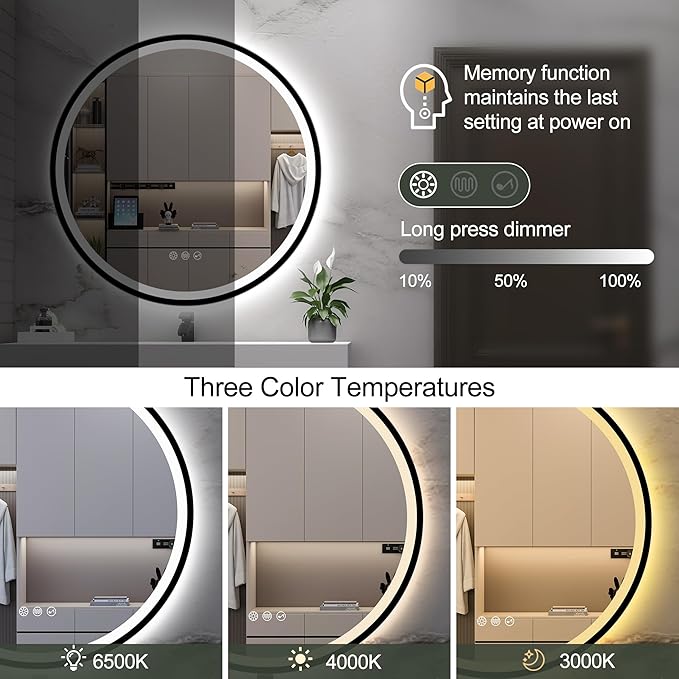 S·BAGNO 24’’ Round Led Bathroom Mirror with Lights, Bathroom Vanity Wall Mirror with Buletooth, Anti-Fog, Stepless Dimmable, 3 Colors, Tempered Glass Lighted Makeup Mirror for Bathroom