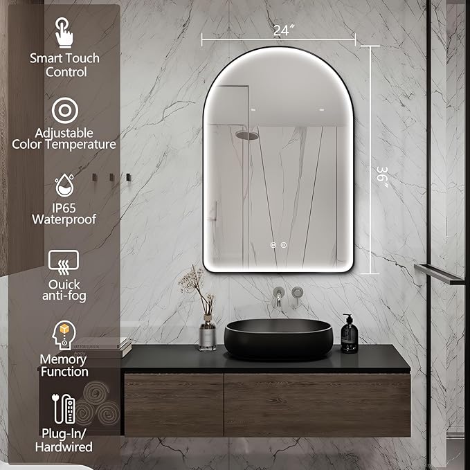 Niccy Arched LED Bathroom Mirror, 36"x24" Black Framed Arch Wall Lighted Mirrors, Arching Frontlit Vanity-Mirror with Memory Function for Bathroom Bedroom, Defogger and 3 Color, Explosion-Proof