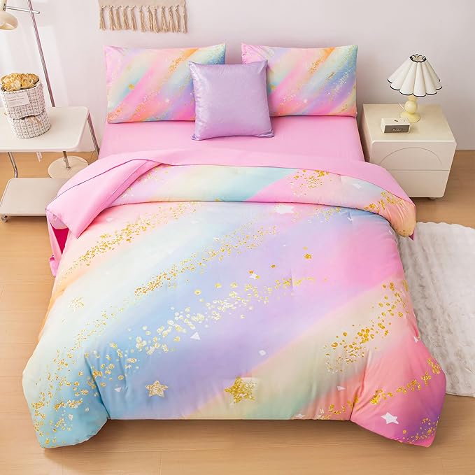 Rainbow Bedding Set Full Size – 6-Piece Reversible Girls Comforter with Deep-Pocket Sheet, Gradient Galaxy Design, Whole-Piece Filling, Machine Washable Bed-in-a-Bag for Kids Room Makeover & Gifts