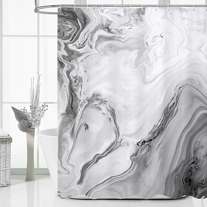 MitoVilla Grey Marble Extra Long Shower Curtain Set 72 x 84, Modern Ombre 84 inch XL Shower Curtains for Chic Bathroom Decor, Abstract Watercolor Fabric Shower Curtain
