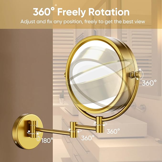 GURUN Wall Mounted Hardwired Makeup Mirror with 3 Tones Dimmable LED Lights 10x Magnifying Mirror with Touch Control for Bathroom Bedroom 13" Extendable Arm M1809DB-GJ Retro Gold