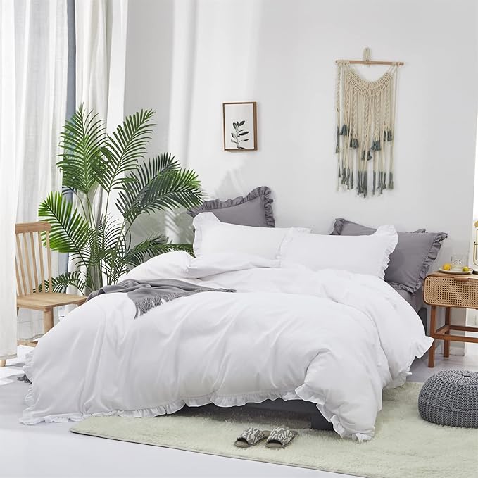 Cottonight White Comforter Set Full Ruffles White Bedding Set Farmhouser Boho Blanket Quilt Plain Vintage Friange Soft Breathable Comforter Set