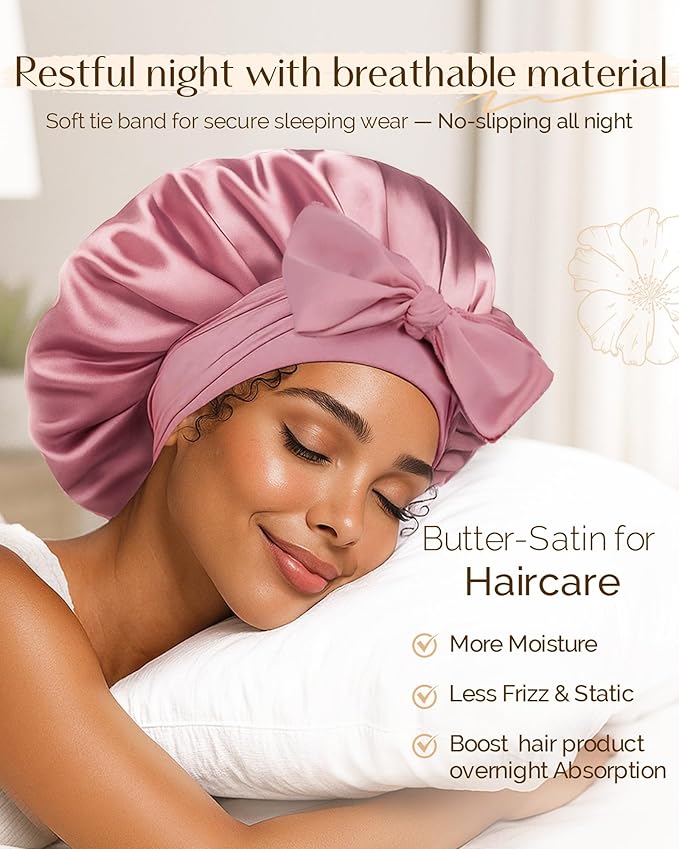 YANIBEST Silk Hair Bonnet for Sleeping, Double Layer Hair Bonnet with Elastic Tie Band for Curly Natural Hair Reduce frizz