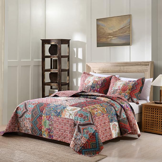 Autumn Dream Cotton Patchwork Bedspread Quilt Sets, Reversible Bedding Coverlet Sets, Red Gorgeous Vintage Pattern, QueenSize