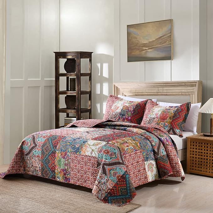 Autumn Dream Cotton Patchwork Bedspread Quilt Sets, Reversible Bedding Coverlet Sets, Red Gorgeous Vintage Pattern, King Size