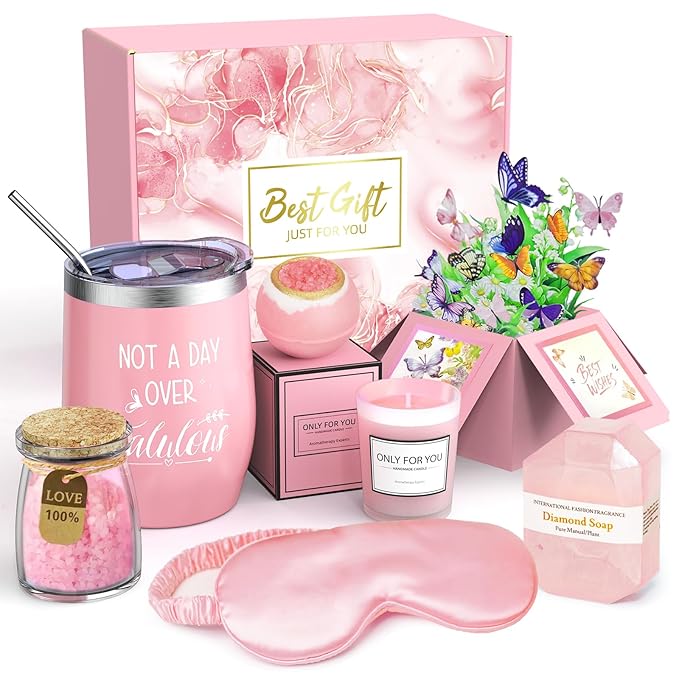 Spa Gift Basket with Bath Essentials- Pink Rose Relaxation Kit Set, Spa Items Box for Christmas Birthday Thanksgiving Holiday Women, Wife, Mom, Sister, Girlfriend