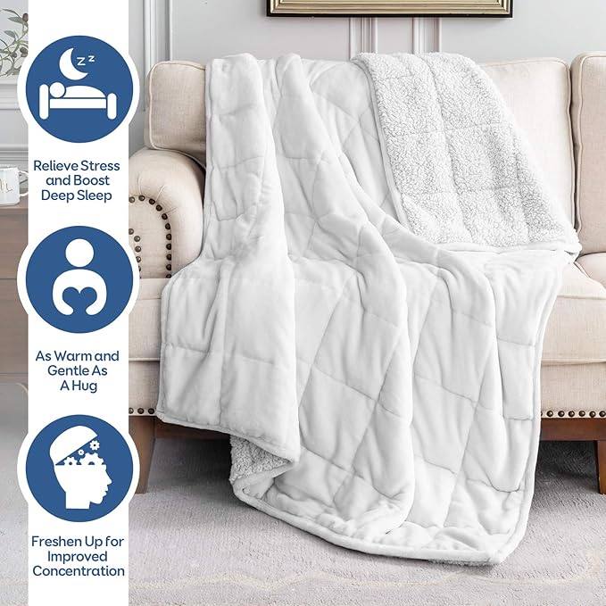 Cottonblue Sherpa Fleece Weighted Blanket 15 lbs for Adult, Sherpa Flannel Cozy Plush Bed Blankets, Fuzzy Sherpa Flannel Blanket Full Size, Minky Soft Blanket for Sofa Bed,48 x 72 inches,Snow White