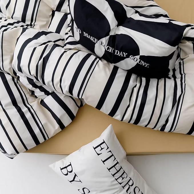 Cottonight Black and White Striped Comforter Set King Geometric Bedding Comforter Women Men Beige Black Blanket Quilts Geometric Ticking Bedding Set Fluffy Folkloric Boho Quilts for King Bed