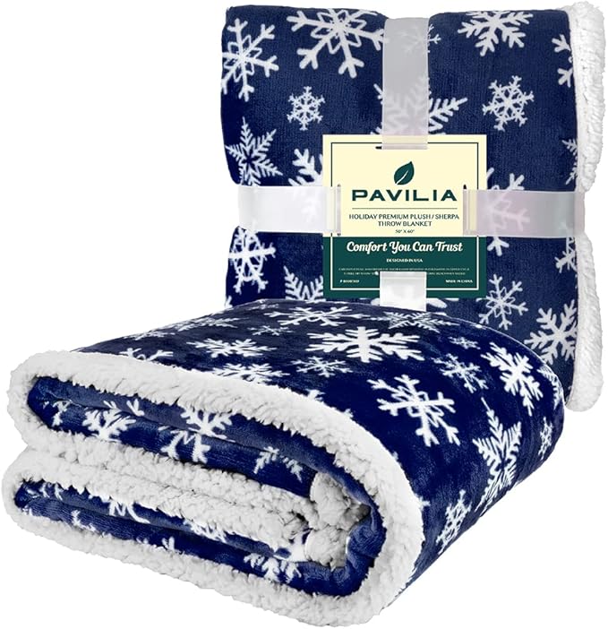 PAVILIA Premium Christmas Sherpa Throw Blanket | Blue Snowflake Decoration, Fleece, Plush, Warm, Cozy Reversible Microfiber Holiday Blanket 60 x 80 Inches