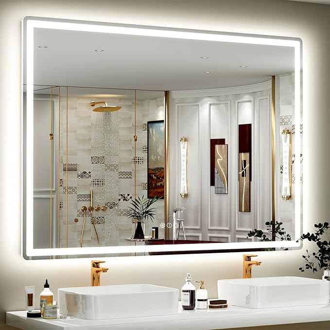 SMIROR LED Bathroom Mirror with Lights 55"x 40", Rounded Rectangle Lighted Vanity Mirror for Wall, Front Lit and Backlit, 3 Colors, Dimmable, Anti-Fog, Tempered Glass (Horizontally/Vertically)