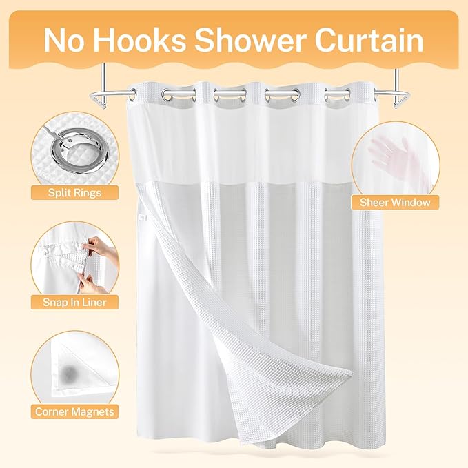 River Dream Extra Long Shower Curtain Set, Cotton Blend, Waffle Weave, with Snap in Replacement Liner, White, 71 x 86 inches