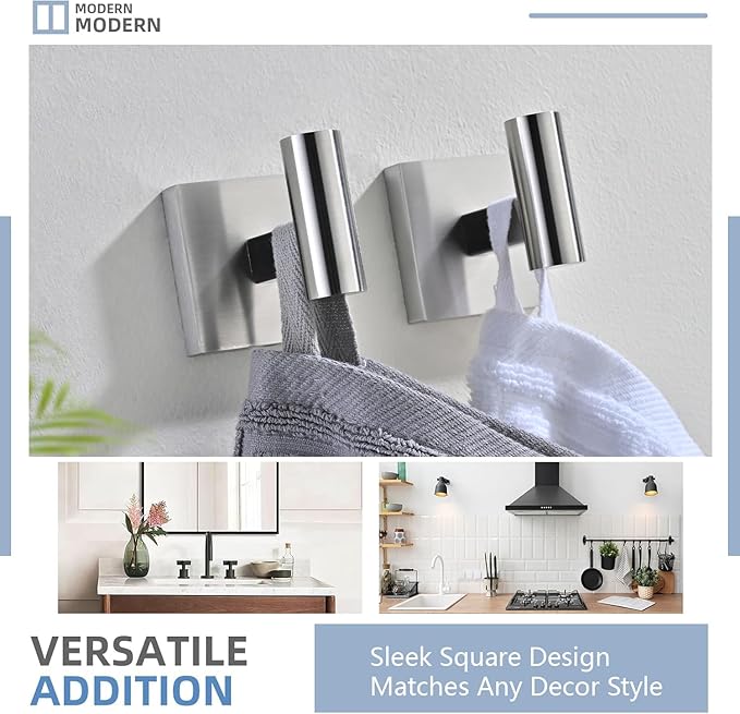 Brushed Nickel Bathroom Hardware Set, Toilet Paper Holder with 2 Square Towel Hooks, 3PCS SUS 304 Stainless Steel Set, Wall Mounted, Rust Resistant, Modern Fingerprint-Free Finish (Silvery)