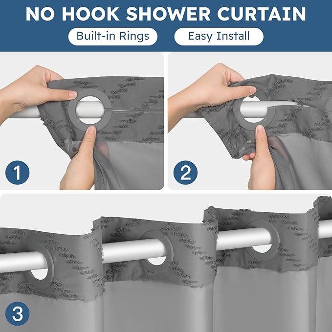 No Hook Shower Curtain and Snap in Liner Set Grey Tufted Chevron Striped Cloth Waterproof Washable Fabric Boho Gray Bath Curtain with See Through Mesh Top Window for Bathroom Hotel 71" x 74"